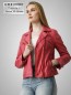 Preview: rote Damenlederjacke im Motorrad style mit goldenen Reißverschlüssen