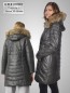 Preview: gesteppter Damen Lederjacke lang schwarz grau mit Kapuze