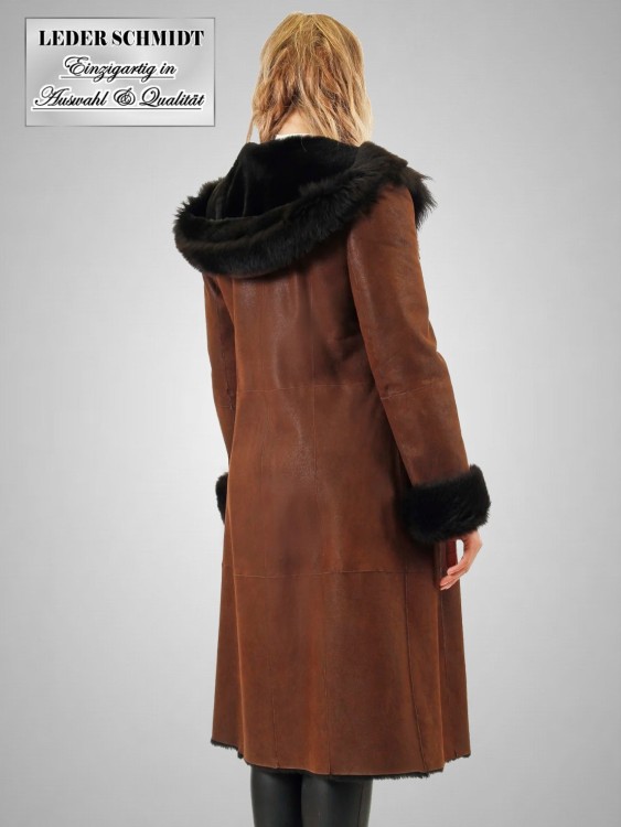 brauner Damen Lammfellmantel mit Kapuze