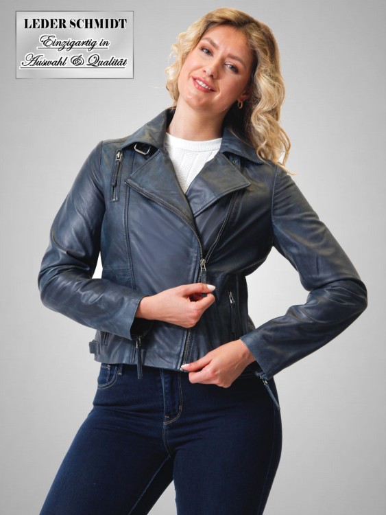 Damen Lederjacke kurz schräger Reißverschluss echtes Leder blau