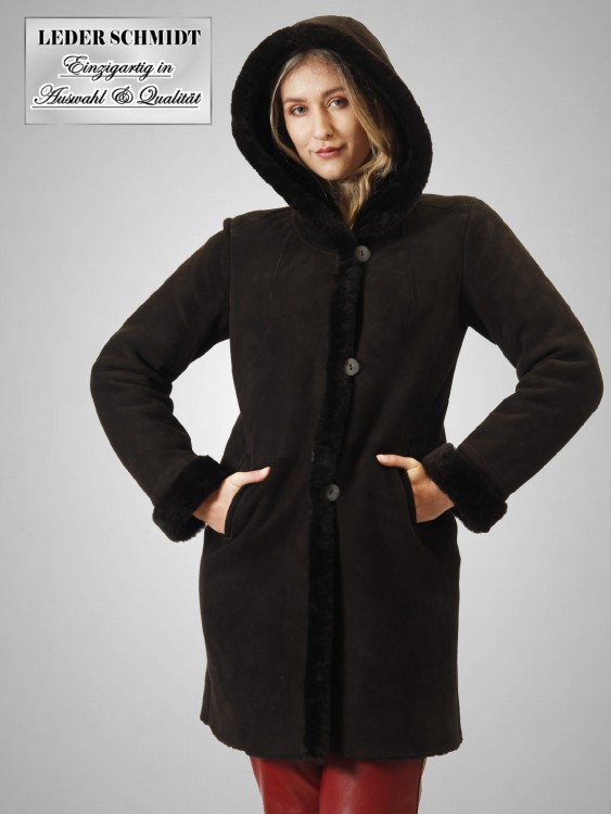 dunkelbraune Lammfelljacke Schaffelljacke lang Kapuze