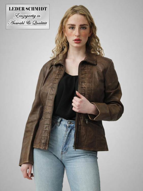 halblange Damen-Lederjacke braun