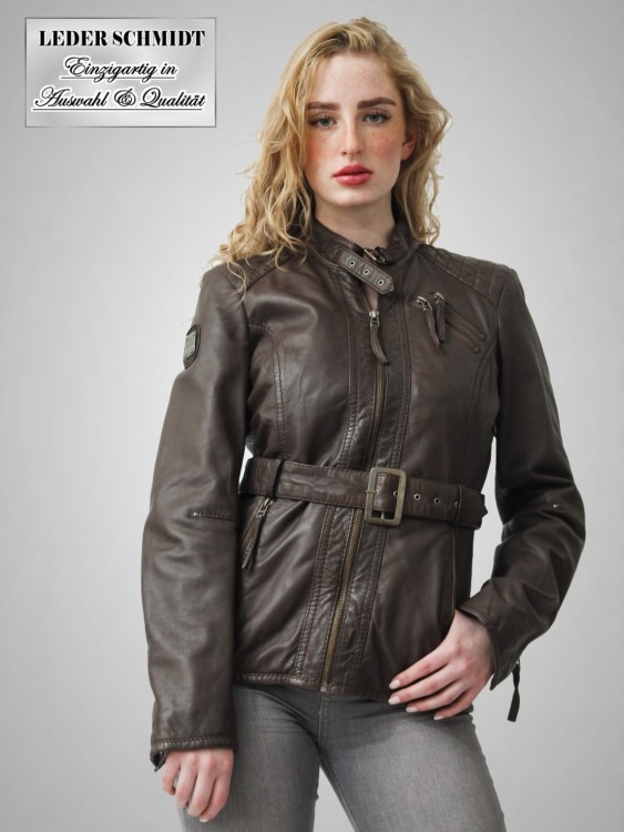 Halblange leichte Damen-Lederjacke mit Taillengürtel