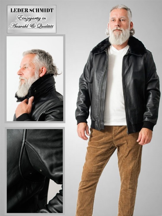 robuste kurze Herren Lederjacke schwarz sportlich Lammfellkragen