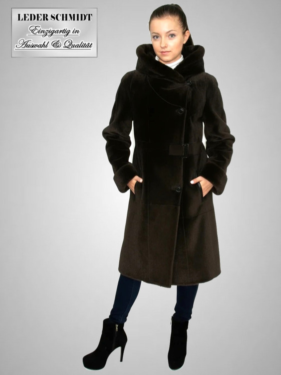 Damen Lammfellmantel mit Kapuze
