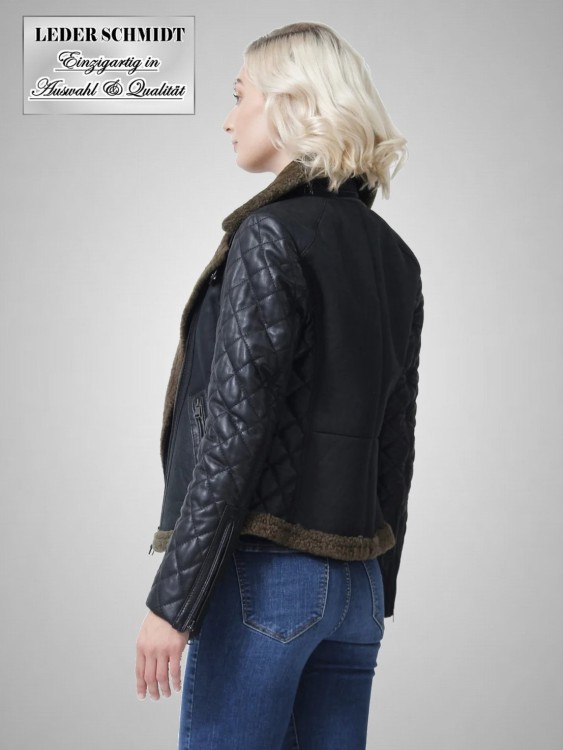 kurze Damen Lammfell-Jacke schwarz Reißverschluss