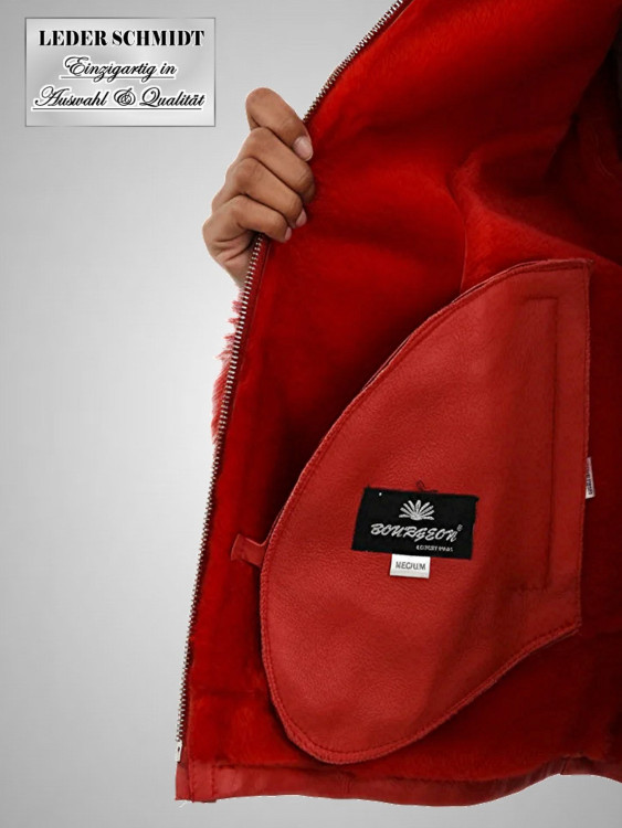 rote kurze gewachsene Damen Lammfelljacke Kapuze