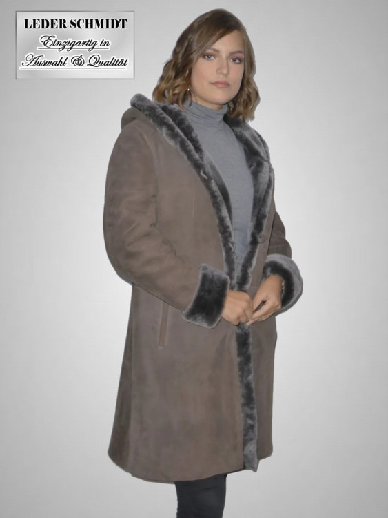 Preview: lange Damen Lammfelljacke mit Kapuze