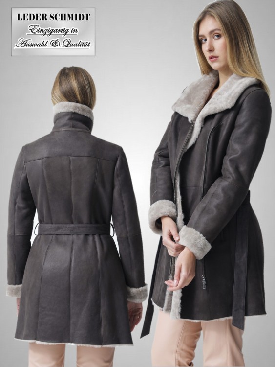 leichte Damen Lammfelljacke mit Gürtel und Reißverschluss