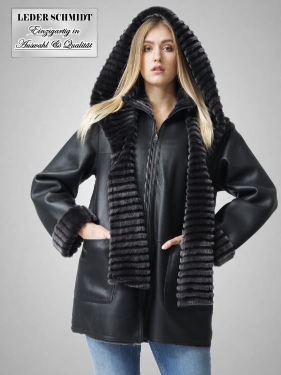 echte Lammfelljacke Damen Kapuze abnehmbar schwarz