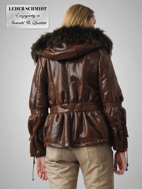 halblange braune Damen Lammfelljacke mit Kapuze