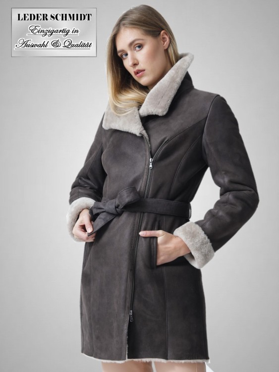 leichte Damen Lammfelljacke mit Gürtel und Reißverschluss