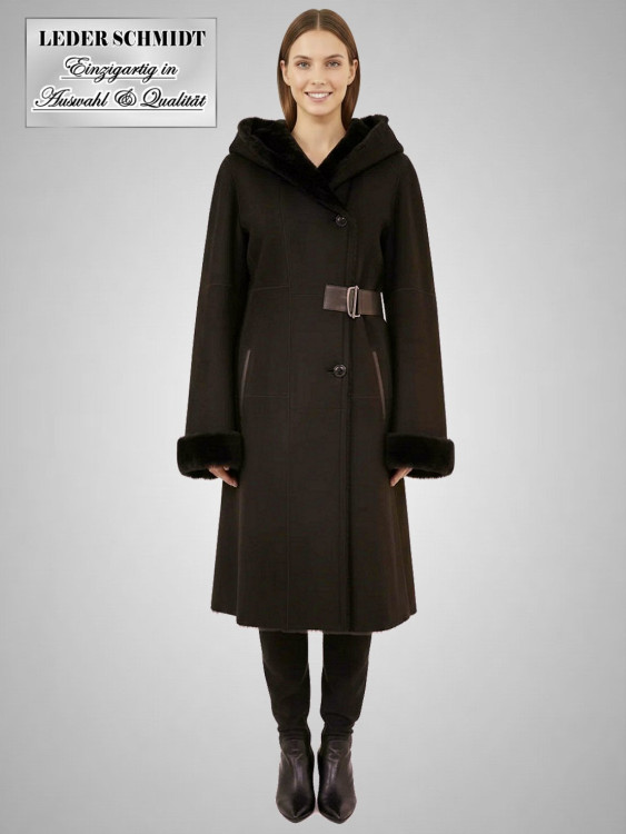 Preview: Damen Lammfellmantel mit Kapuze