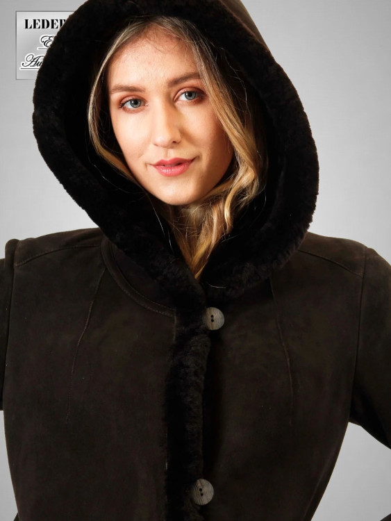 Preview: Damen Lammfelljacke / Mantel mit Kapuze