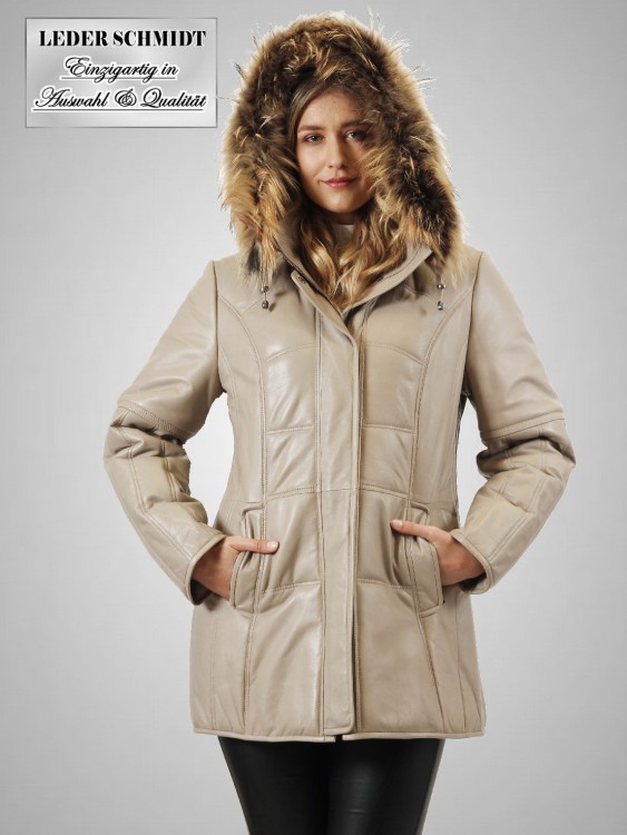 Damen Lederjacke mit Kapuze lang wattiert Winter