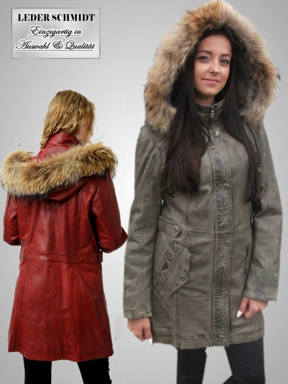 langer Damen Lederparka Lederjacke mit abnehmbarer Kapuze sportlich