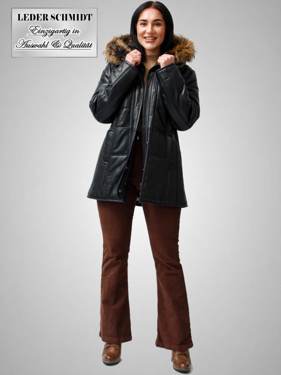 Damen Leder-Parka abnehmbare Kapuze mit Fellrand