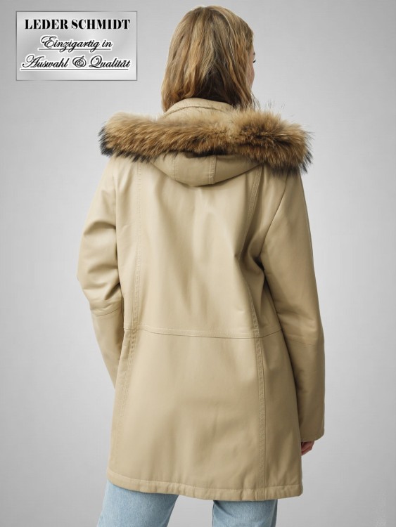 leichter Damen Lederparka mit abnehmbarer Kapuze und Pelzrand