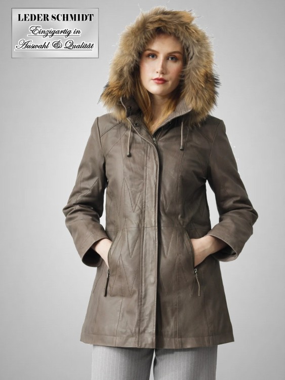 Damen Lederparka mit abnehmbarer Kapuze echtes Lammnappa