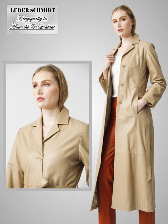 langer heller Damen Ledermantel mit Gürtel
