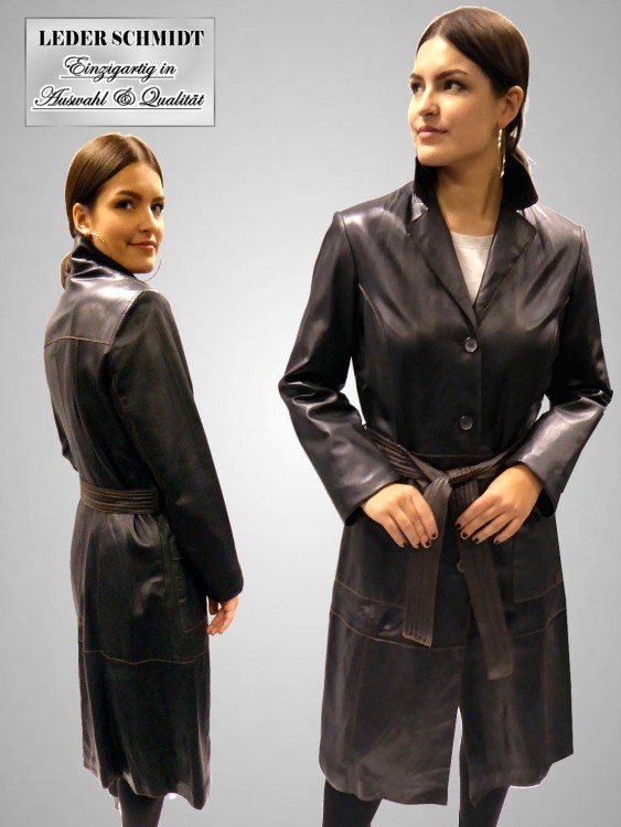 langer echter Damen Ledermantel schwarz mit Gürtel