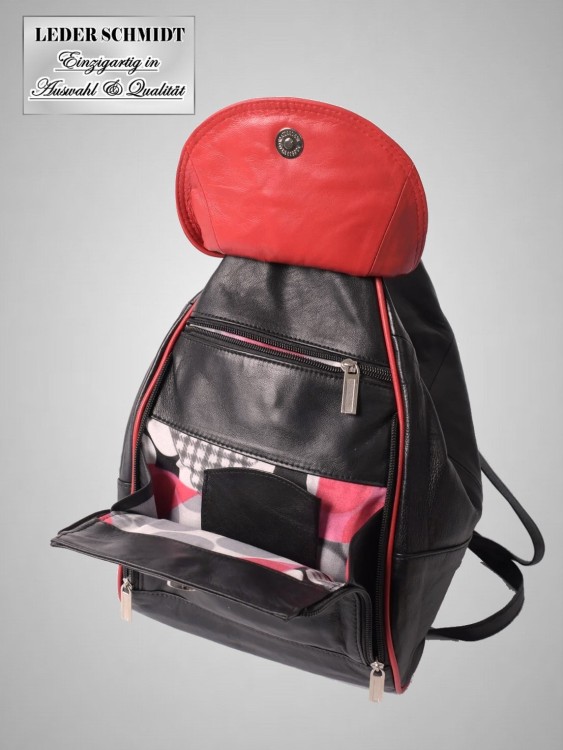 schwaz roter Damen Lederrucksack super leicht