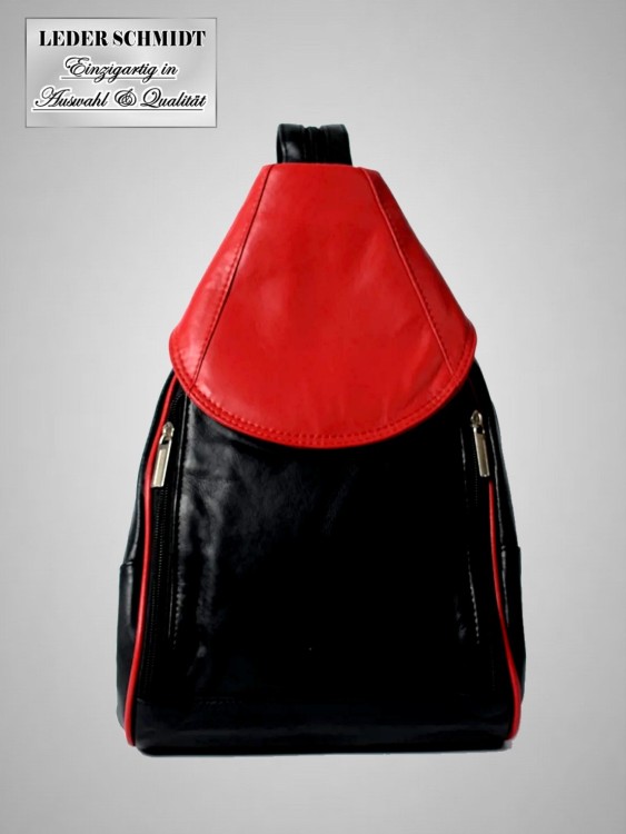 leichter rot schwarzer Damen Lederrucksack super leicht in bester Lammnappa-Qualität