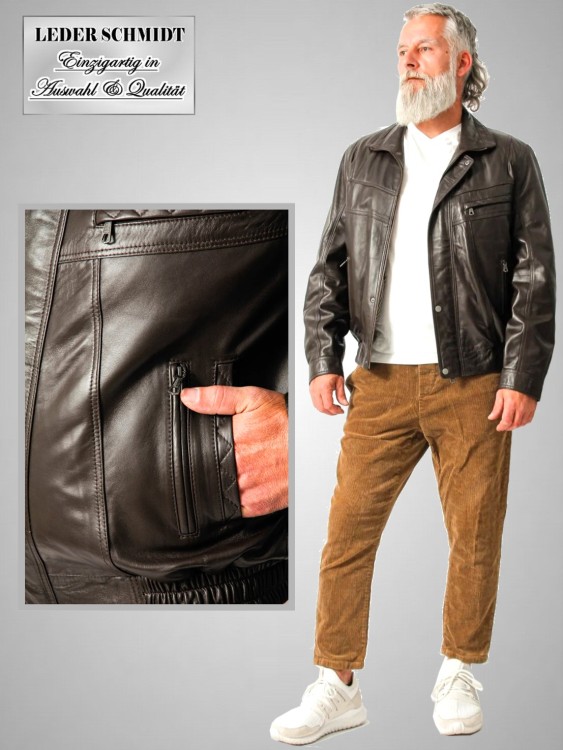 braune kurze Herren-Lederjacke mit Bund-Reißverschluss-sportlich lammnappa