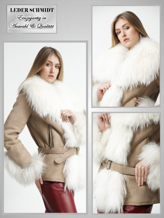 helle leichte Damen Lammfelljacke mit großem weißem Pelz-Kragen