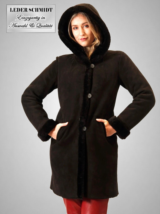 Preview: Damen Lammfelljacke / Mantel mit Kapuze