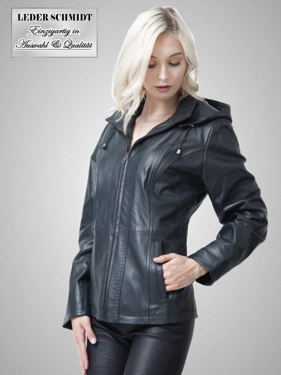 Preview: schwarze kurze echte Damen Lederjacke mit abnehmbarer Kapuze leicht