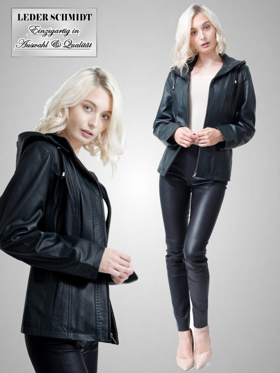 echte Damen Lederjacke kurz schwarz petrol