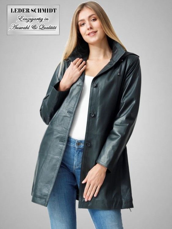 Damen Ledermantel petrol schwarz abnehmbare lederkapuze