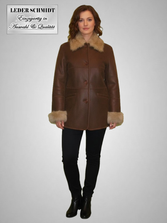 Preview: echte Damen Lammfell Jacke halblang Einschubtaschen antik braun