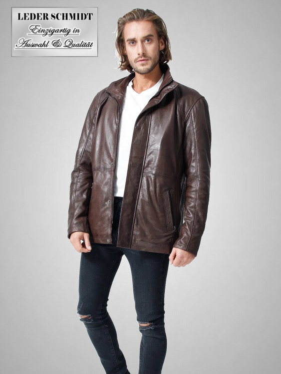 Preview: leichte lange Herren Lederjacke-dunkel braun Lammnappa Stehkragen