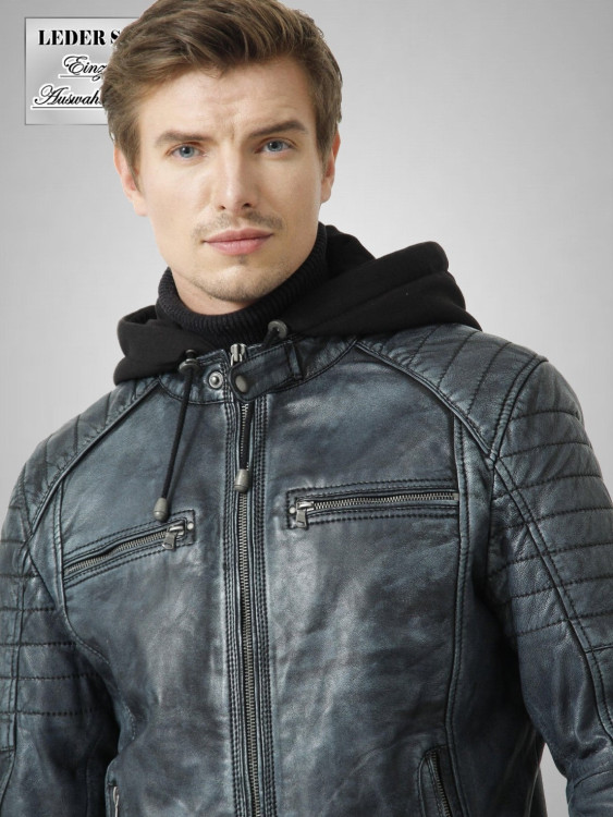 Preview: kurze Herren Biker Lederjacke mit Stehkragen
