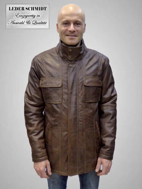 Preview: leichte wattierte lange Herren-Lederjacke in Lammnappa braun