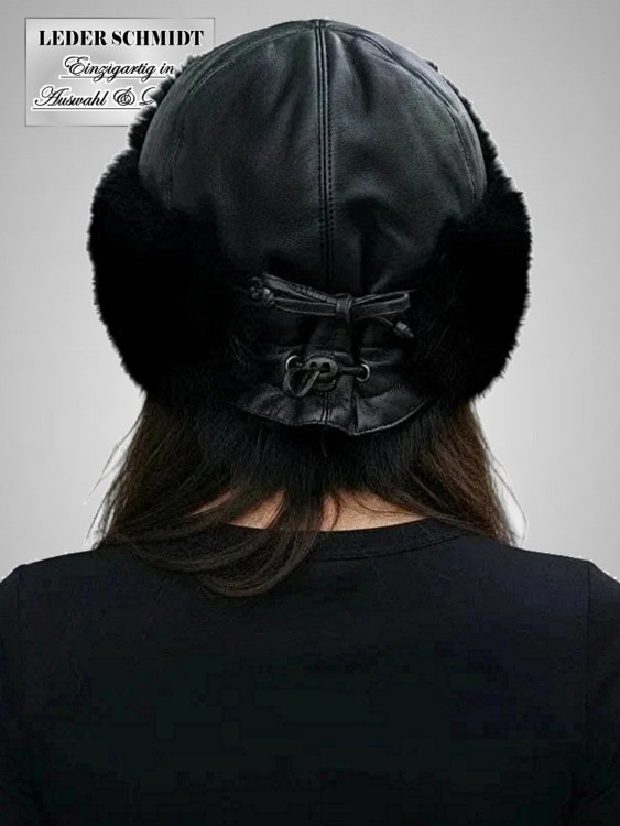 Preview: Pelz Kaninchen-Mütze schwarz Ohrenklappen Uschanke