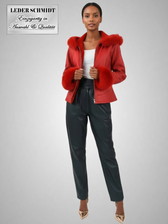 Preview: rote kurze gewachsene Damen Lammfelljacke Kapuze