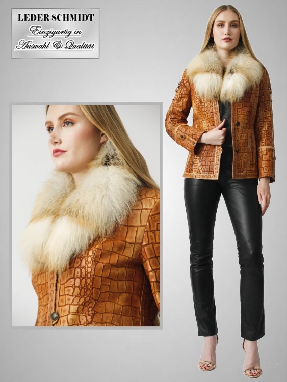 Damen Lederjacke lang Fell-Kragen