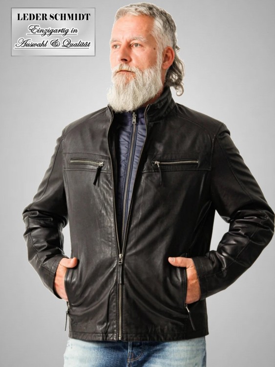 sportliche kurze Herren Lederjacke schwarz mit rausnehmbarem steppfutter