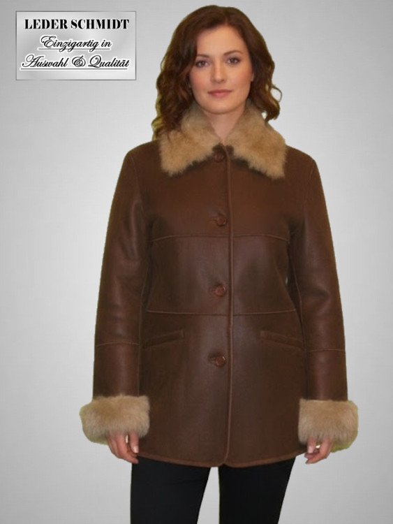 Preview: gewachsene echte Damen Lammfell Jacke halblang Einschubtaschen antik braun