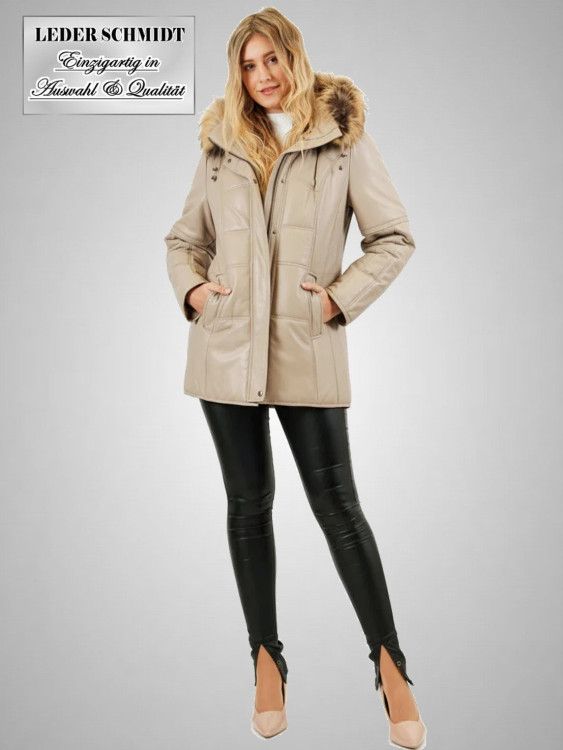 Preview: gesteppter Damen Lederparka mit abnehmbarer Kapuze