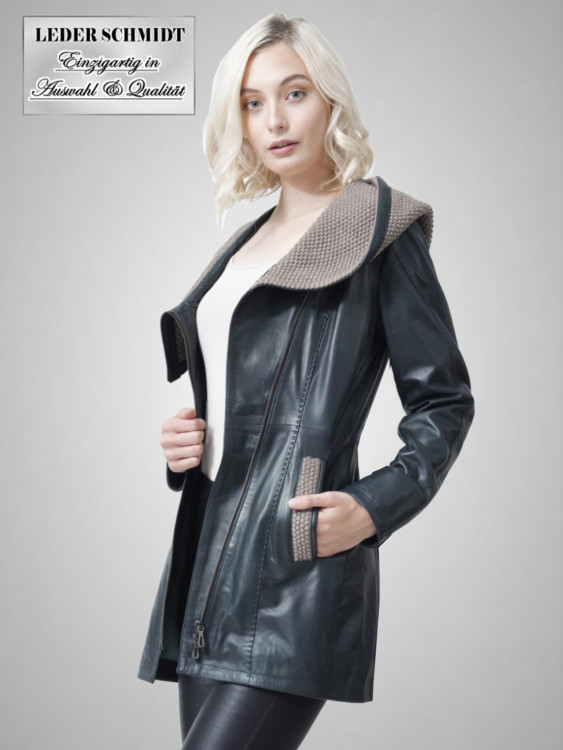 lange Damen Lederjacke mit Kapuze