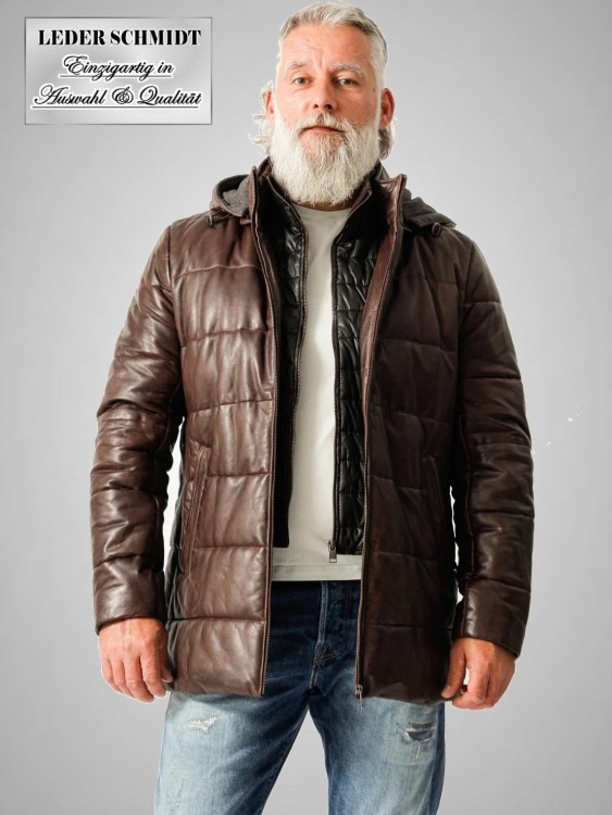 gesteppte lange Herrenlederjacke braun abnehmbare Kapuze