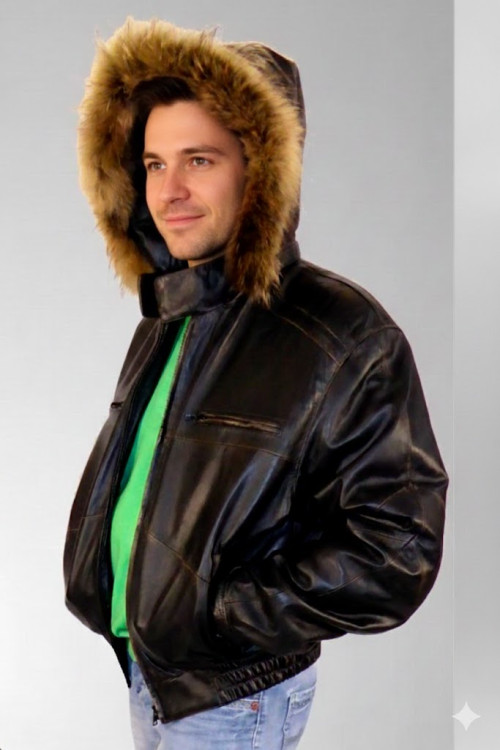 Preview: echte wattierter Herren Leder Blouson in schwarz Lederkapuze