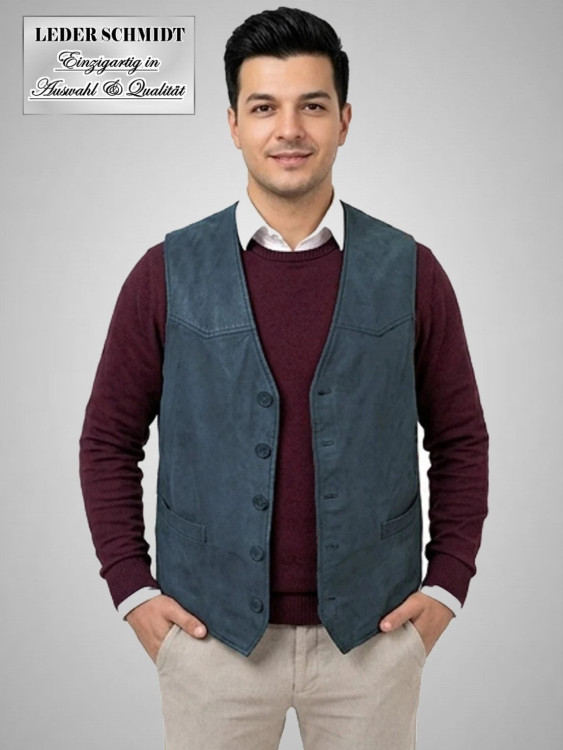 Preview: echte Lederweste Nubuck Kelner blau