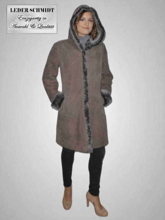 lange Damen Lammfelljacke mit Kapuze