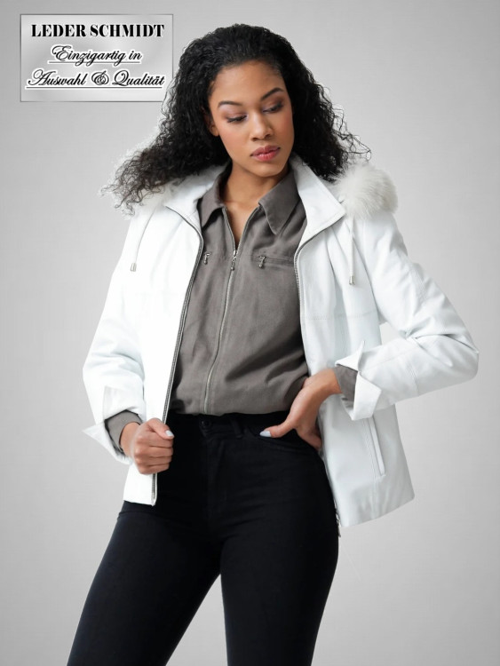 kurze weiße Damen Lederjacke mit Kapuze