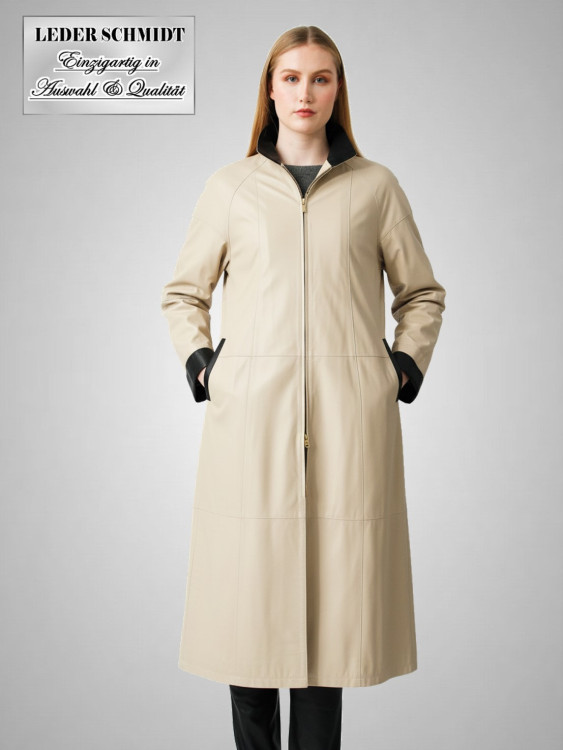 Preview: leichter Damen Ledermantel in beige mit Reißverschluss und Schlitze seitlich mit Reißverschluss